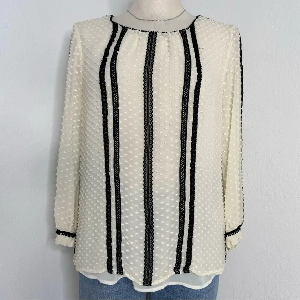 J.Crew Silk Blend Dot Texture Blouse Black Ivory Button Back Puff Sleeve SZ 8